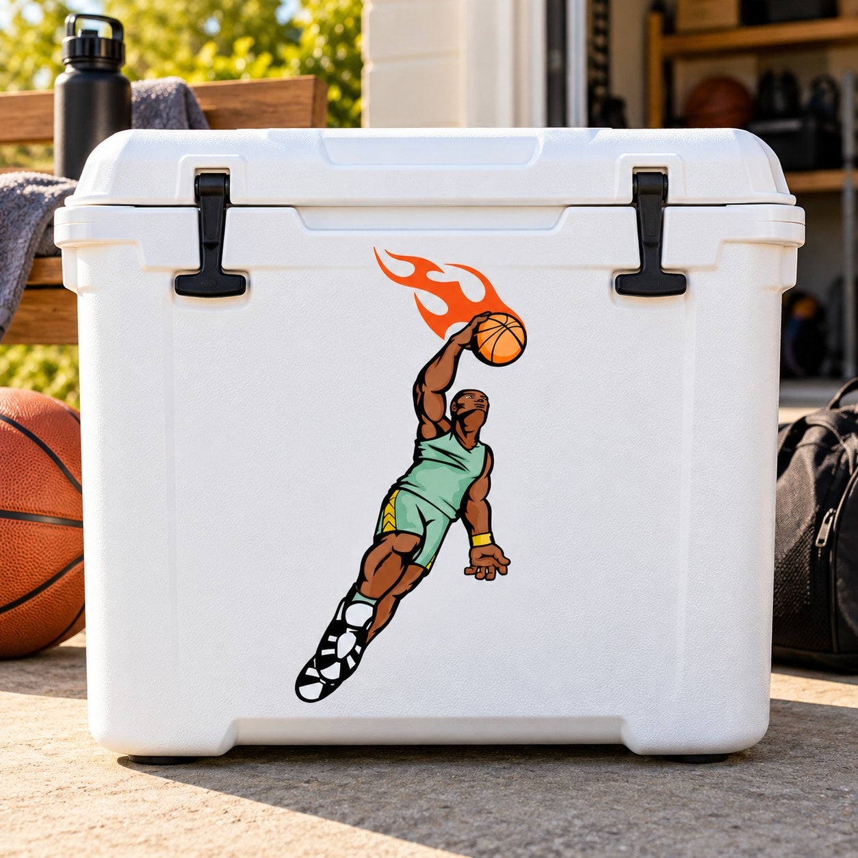 Basketball wall decal sticker with orange basketball and player in green jersey