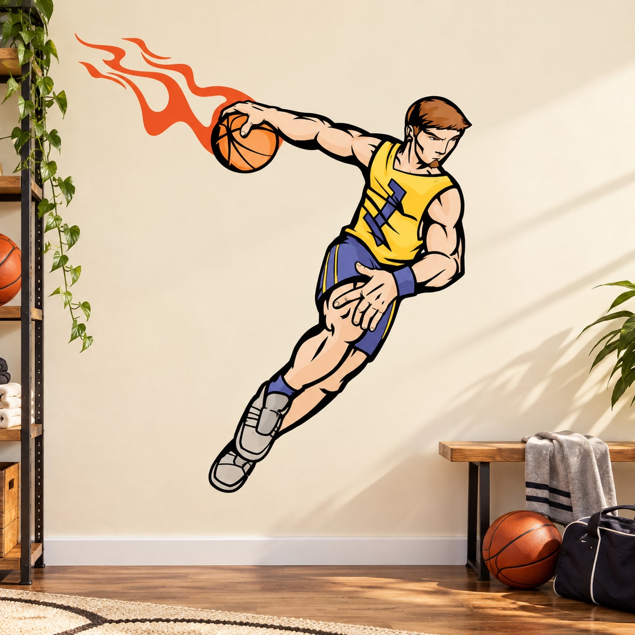 Basketball player vinyl wall decal sticker with orange ball and yellow-blue uniform