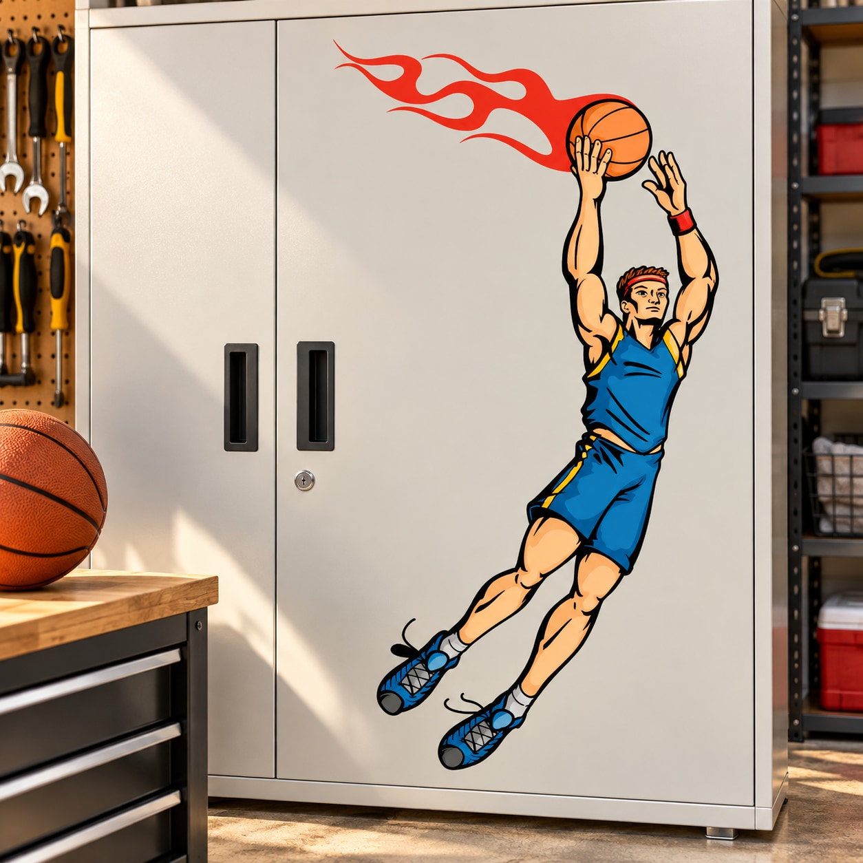 Basketball player vinyl wall decal sticker with orange ball and red flame trail