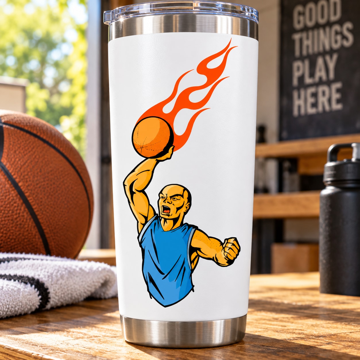 Basketball vinyl decal sticker with orange basketball flame and blue player
