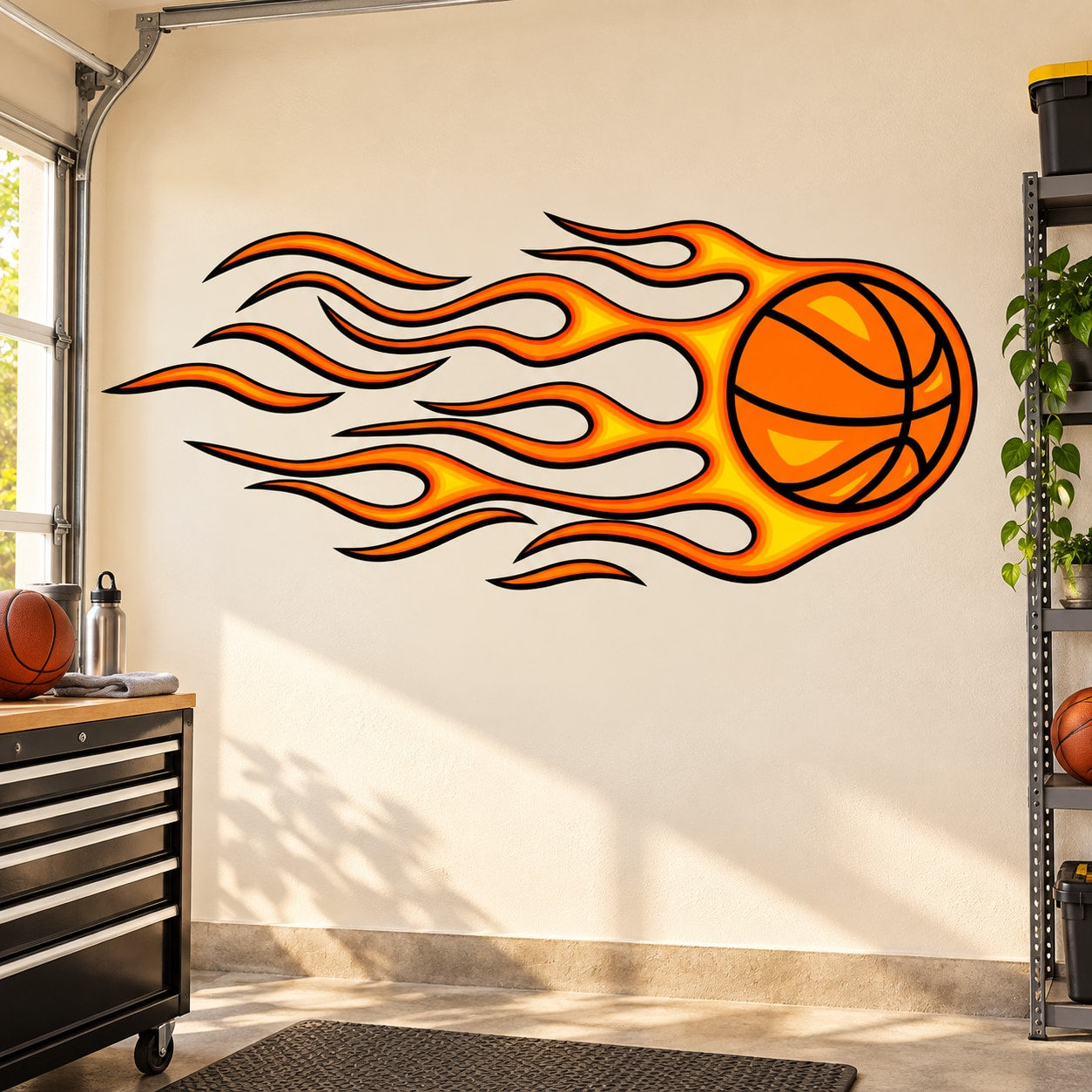 Die-cut vinyl basketball decal with orange flame design