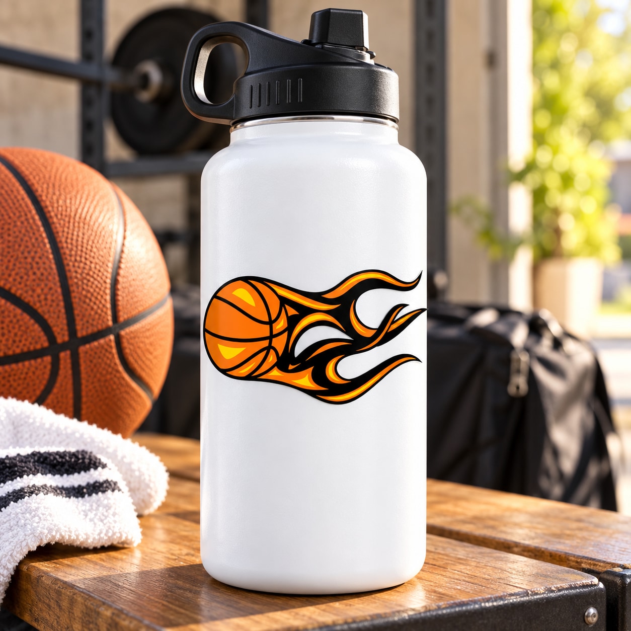 Basketball flame vinyl decal sticker on white bottle