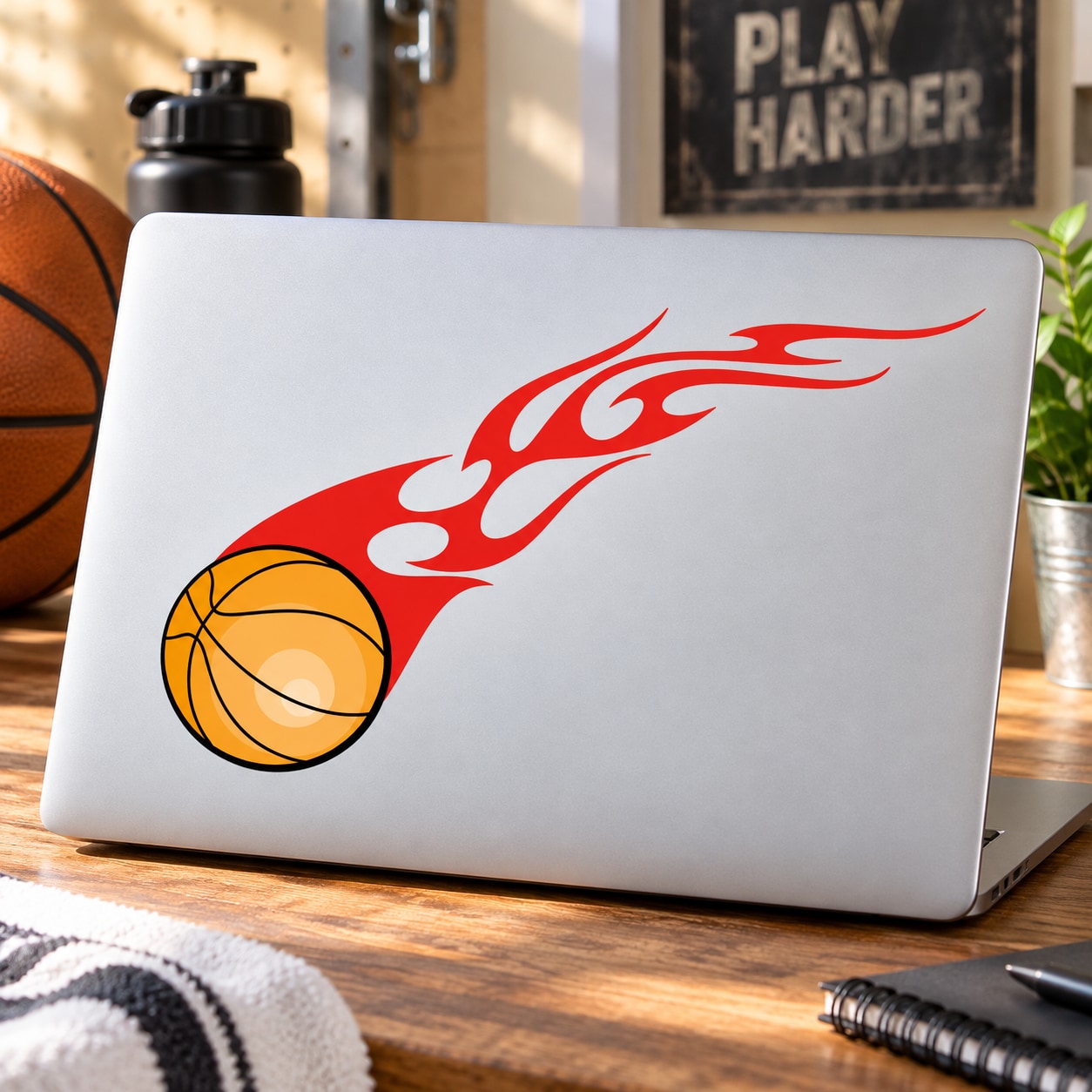 Basketball vinyl decal sticker with red flame graphic and basketball icon