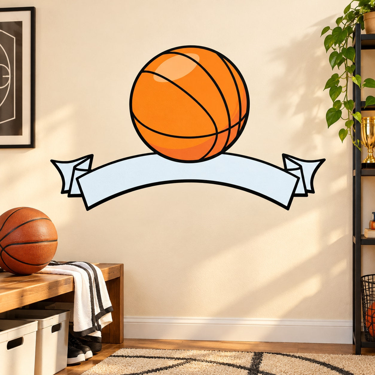 Orange basketball wall decal with arched light-blue banner and ribbon ends
