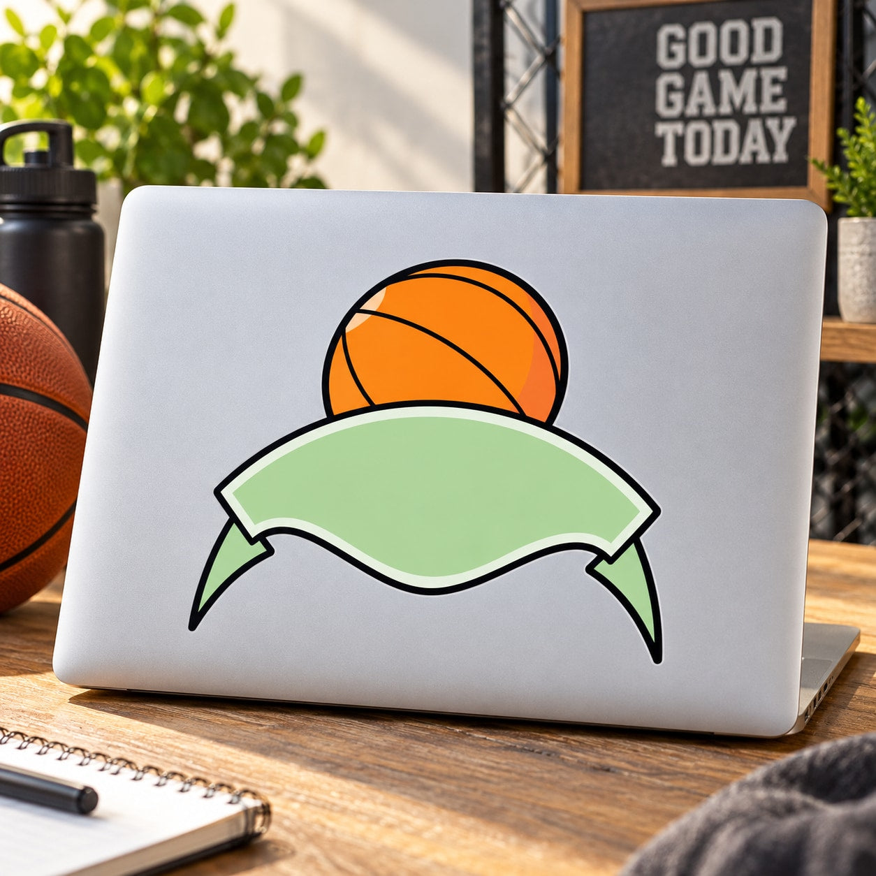 Basketball vinyl wall decal sticker with orange ball and green ribbon banner design