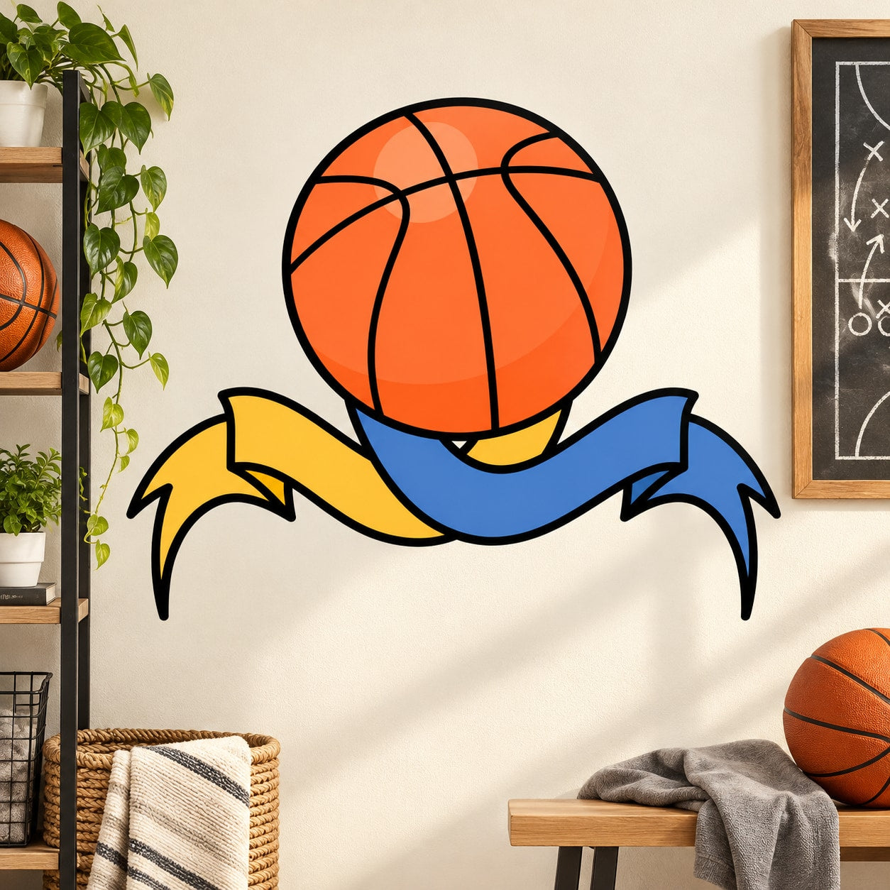 Basketball wall decal vinyl sticker with orange basketball and blue ribbon design