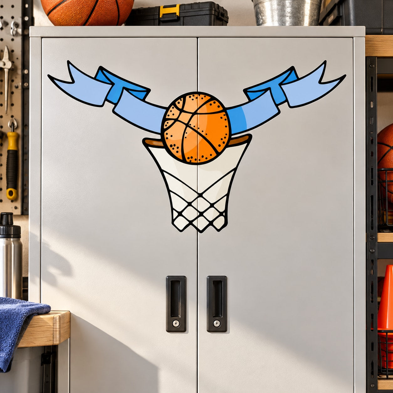 Basketball hoop wall decal vinyl sticker with orange ball and blue ribbons