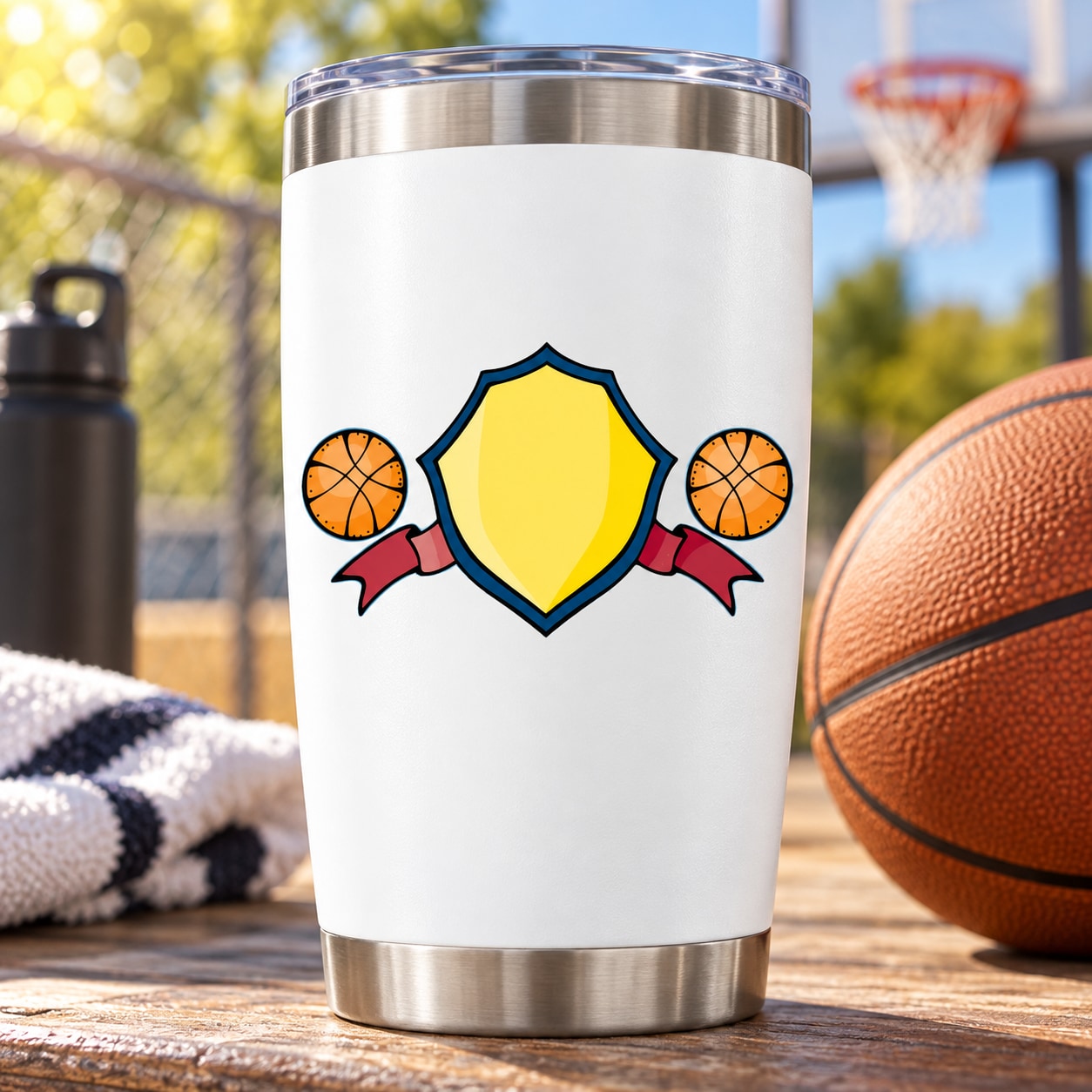 White tumbler decal with basketball shield and two basketball icons, die-cut vinyl