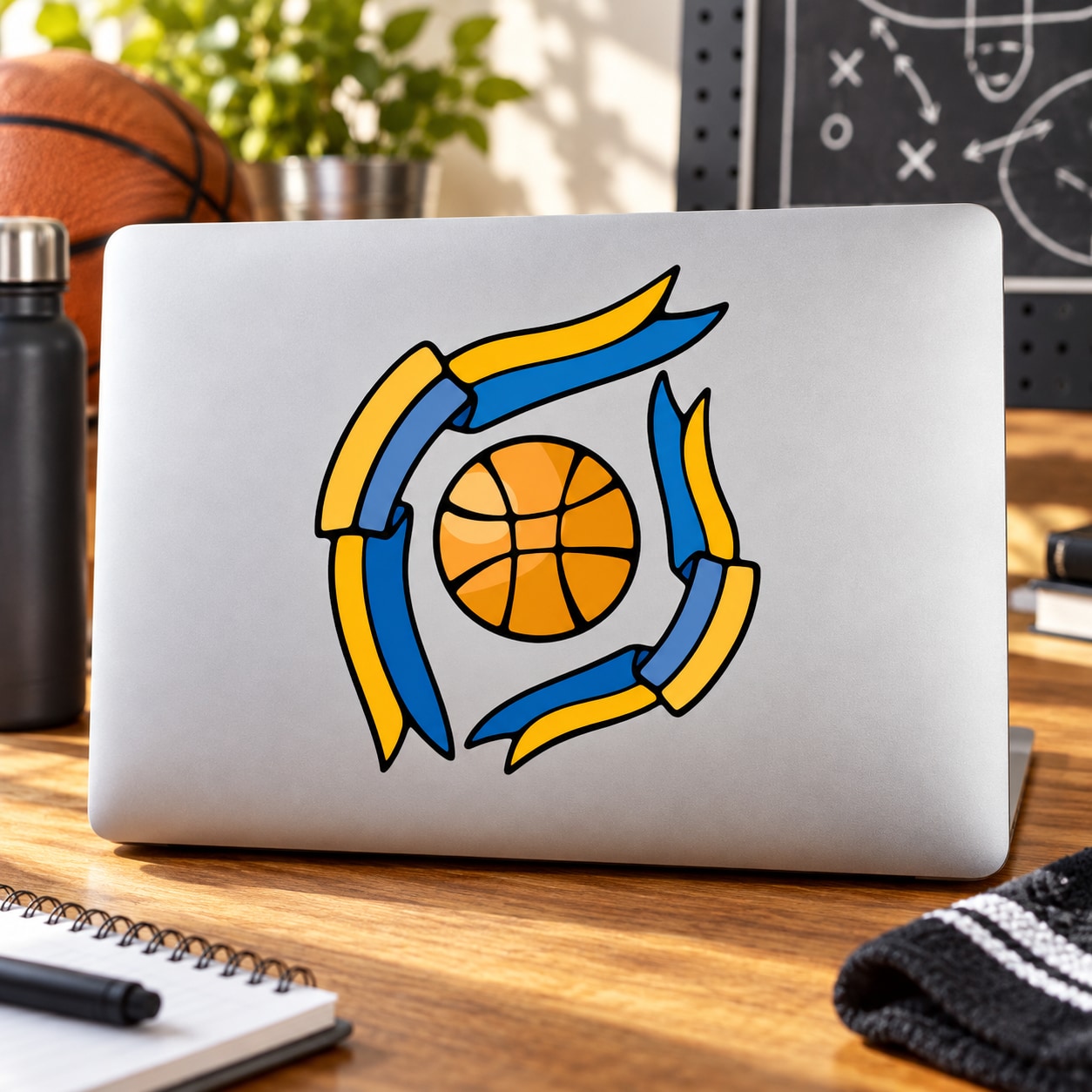 Basketball vinyl wall decal sticker with orange ball and blue/yellow curved arms