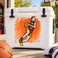 Basketball vinyl sticker with orange sunburst and black/red player graphic