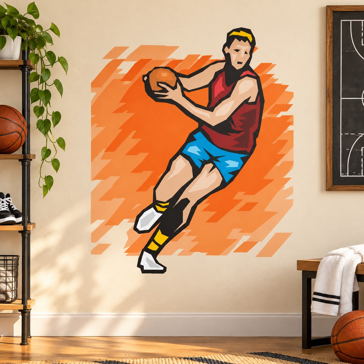 Basketball wall decal vinyl sticker with a running player holding a ball, die-cut