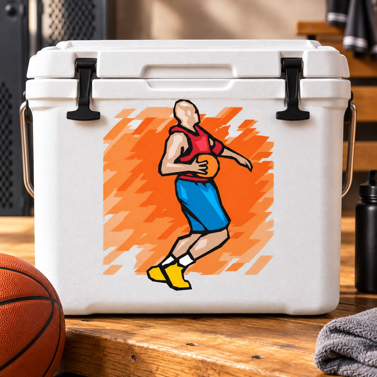Basketball player vinyl decal with orange burst, red jersey and blue shorts, die-cut