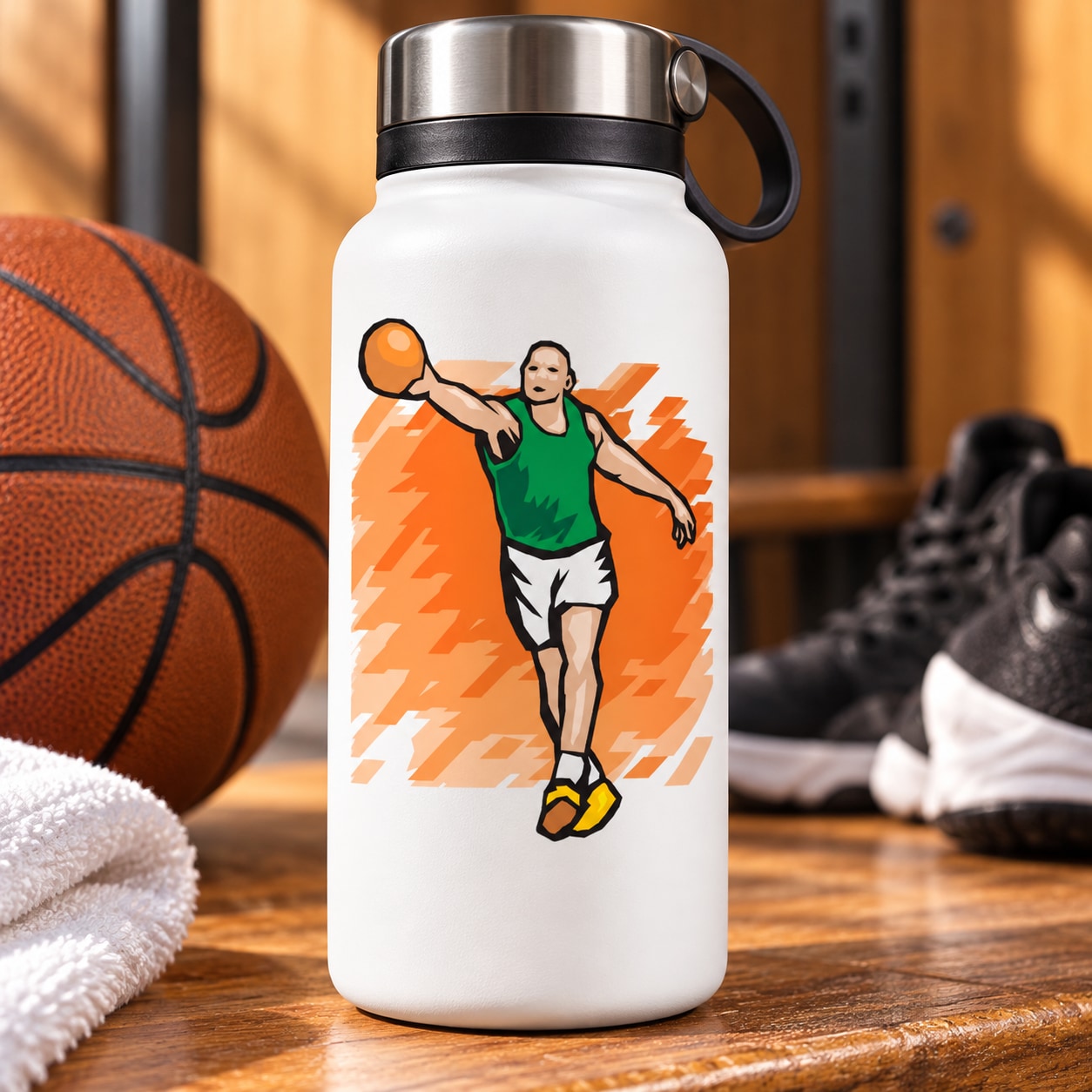Basketball player vinyl sticker decal, die-cut with orange burst background and green jersey