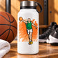 Basketball player vinyl sticker decal, die-cut with orange burst background and green jersey