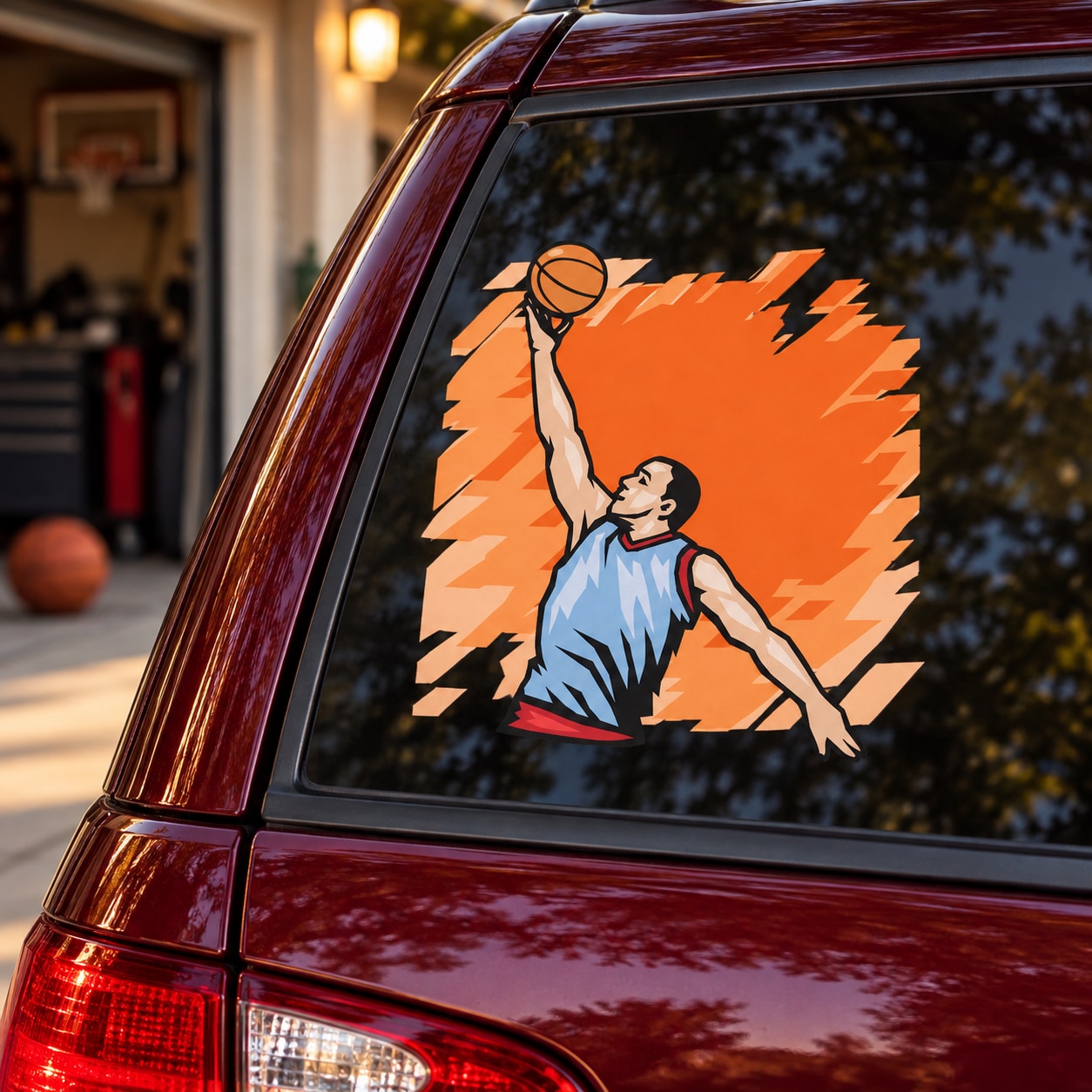 Basketball player vinyl decal sticker with orange burst and raised ball on car window