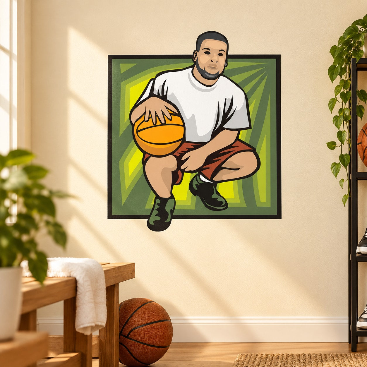 Basketball wall decal sticker featuring cartoon player holding orange basketball