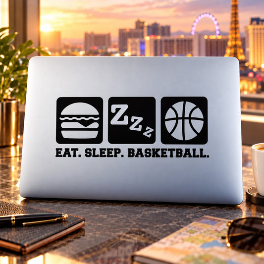Basketball quote vinyl wall decal with icons and text: EAT. SLEEP. BASKETBALL.