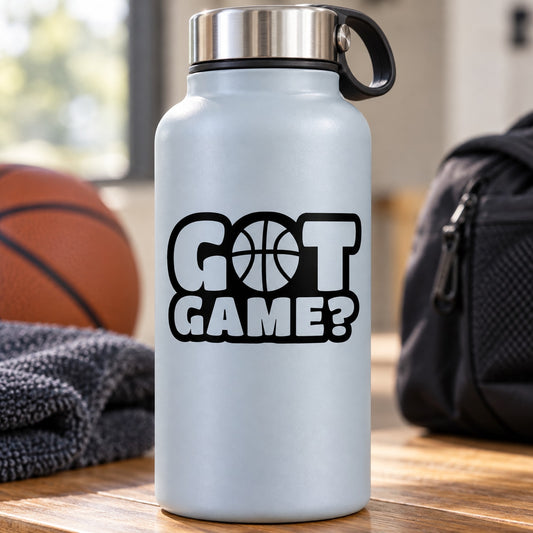 Vinyl decal: "Got Games?" quote with basketball icon in black