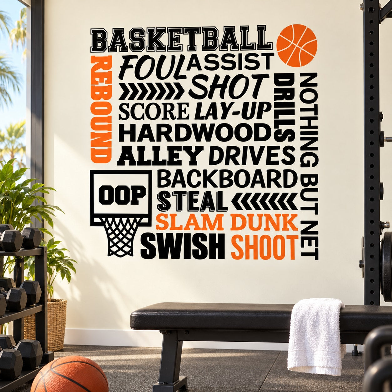 Basketball wall decal with orange/white text, basketball icon, and hoop silhouette