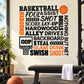 Basketball wall decal with orange/white text, basketball icon, and hoop silhouette