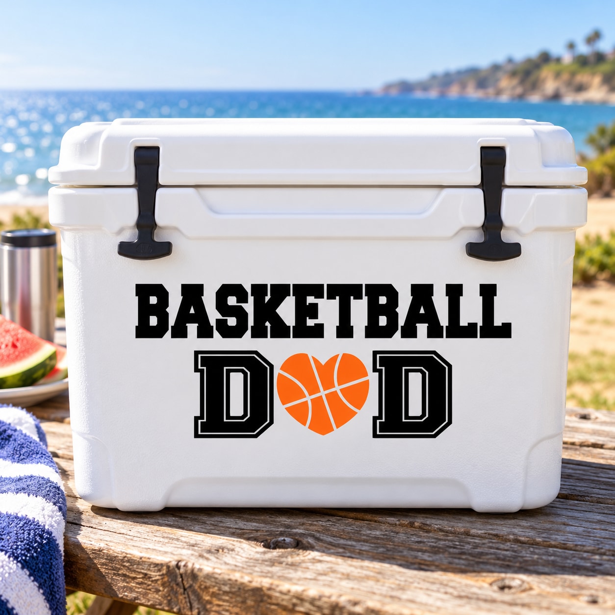 Basketball dad decal with bold "BASKETBALL" text and basketball between two D letters