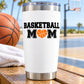 White stainless steel tumbler with Basketball Mom heart decal and basketball graphic.