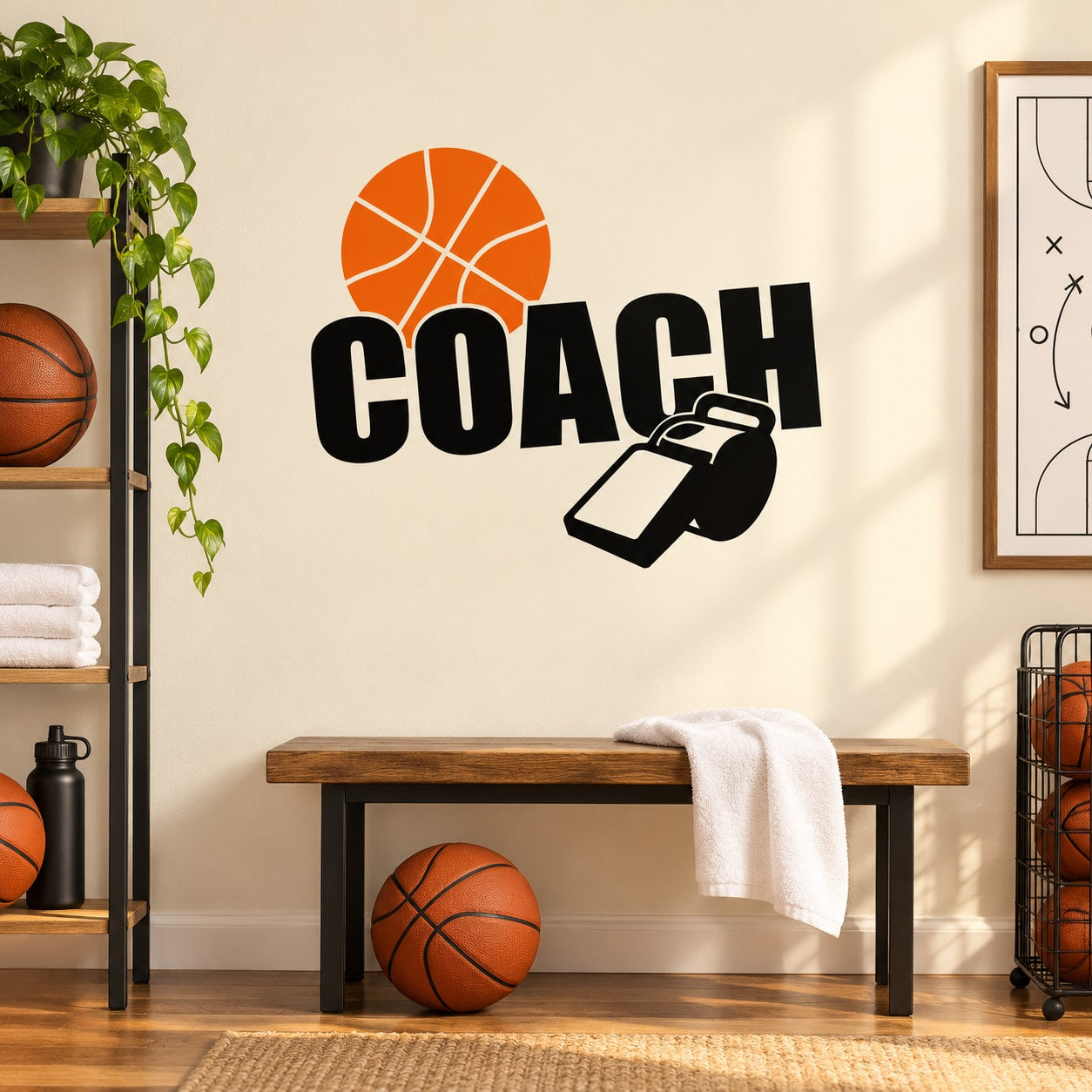 Basketball coach wall decal with orange basketball, black COACH text, and whistle