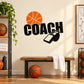 Basketball coach wall decal with orange basketball, black COACH text, and whistle