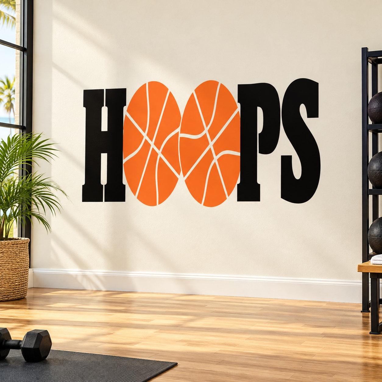 Basketball hoop graphic text decal featuring orange HOOPS letters with black framing