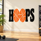 Basketball hoop graphic text decal featuring orange HOOPS letters with black framing