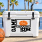 Die-cut decal with Game On text, orange basketball over hoop