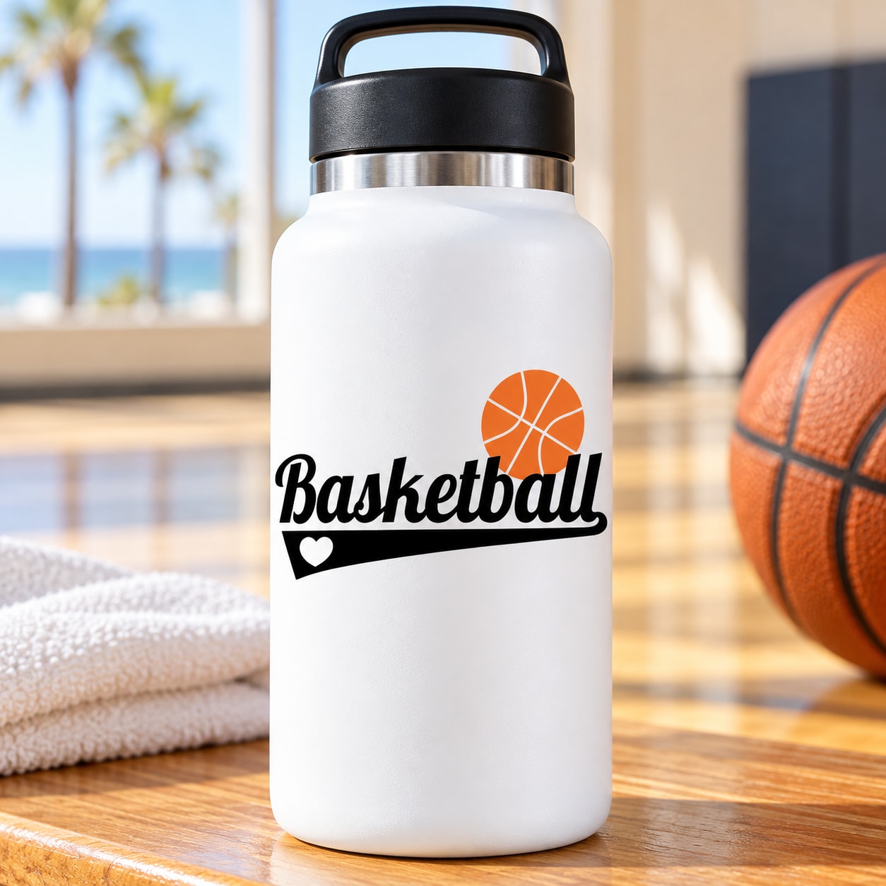 White insulated water bottle with black lid, basketball decal with heart