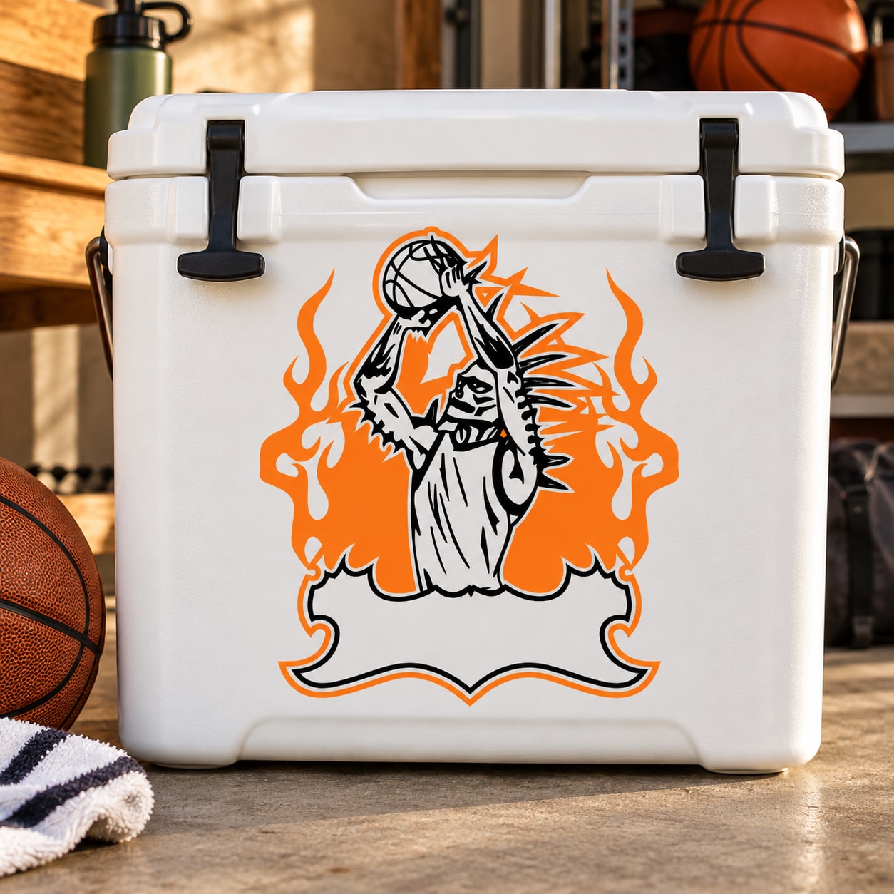 Basketball mascot die-cut vinyl sticker with orange flames and basketball design
