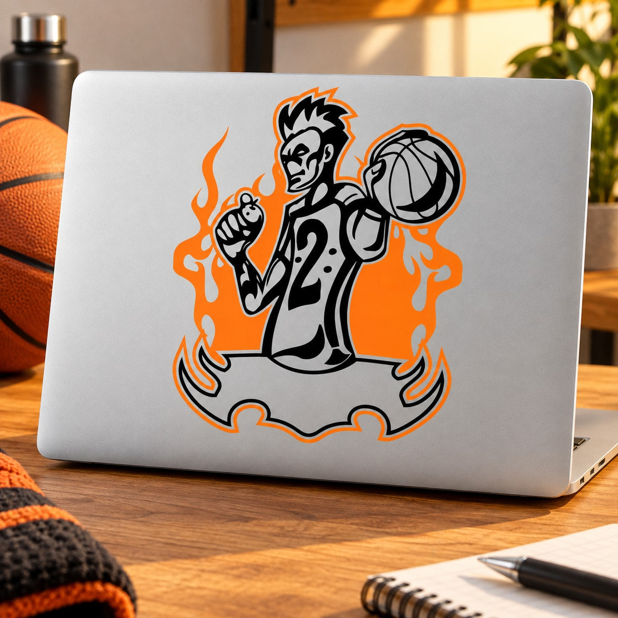 Vinyl basketball player decal sticker with number 42 and basketball, surrounded by orange flames