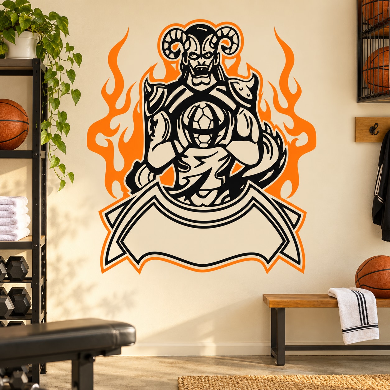 Basketball wall decal: black player with basketball and orange flames