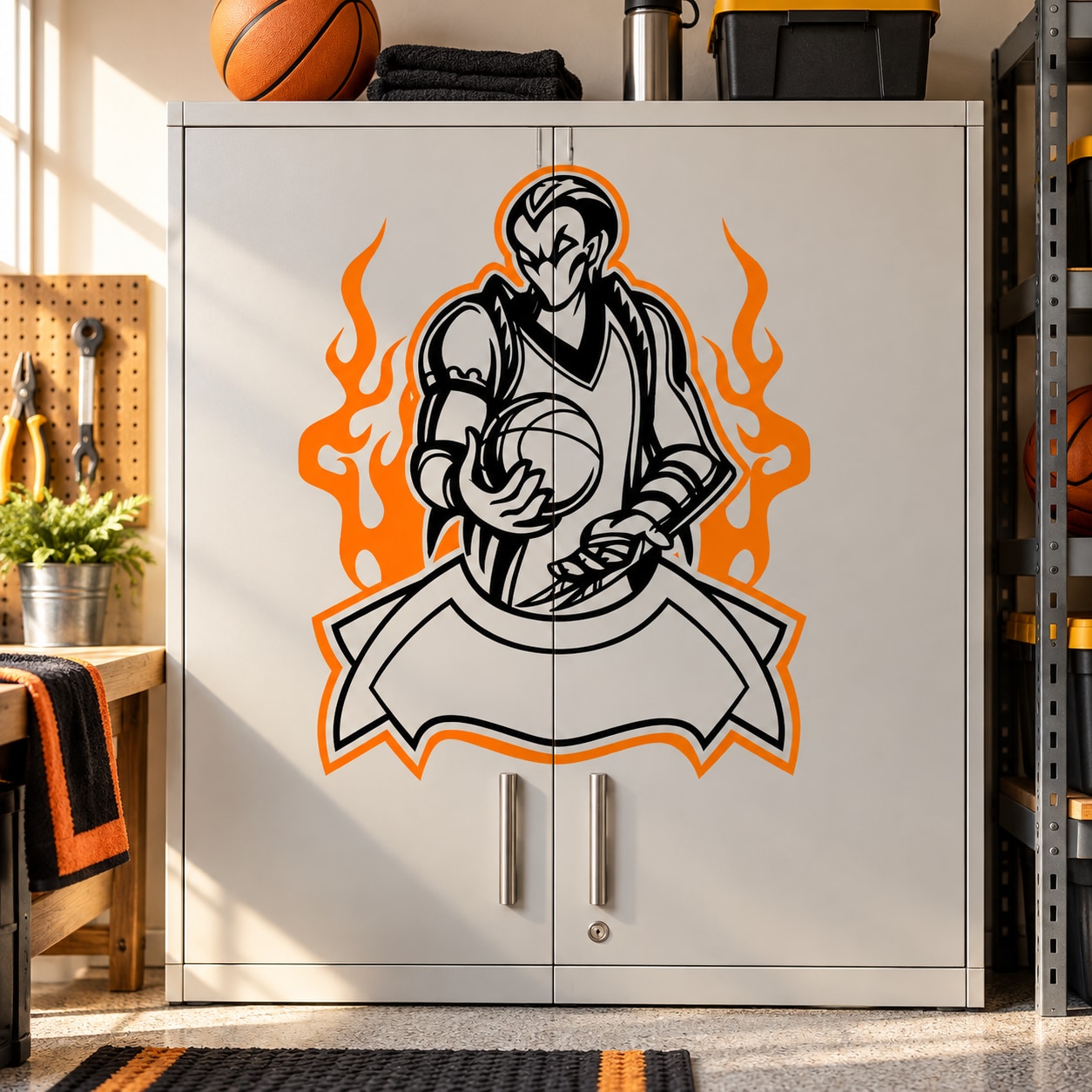 Basketball wall decal sticker of flaming basketball player holding ball, orange and black