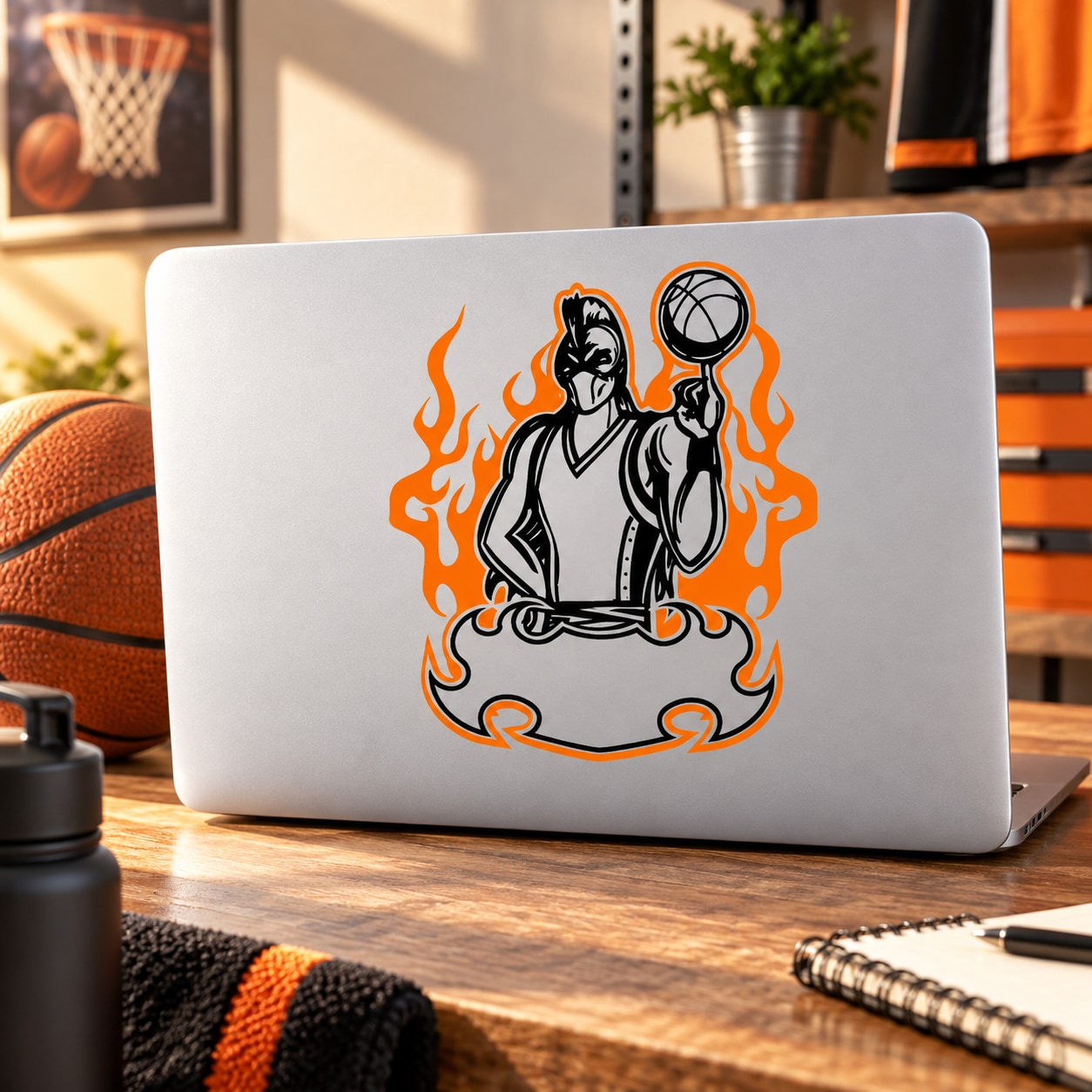 Basketball-themed vinyl die-cut sticker: girl holding ball with orange flames