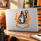 Basketball-themed vinyl die-cut sticker: girl holding ball with orange flames
