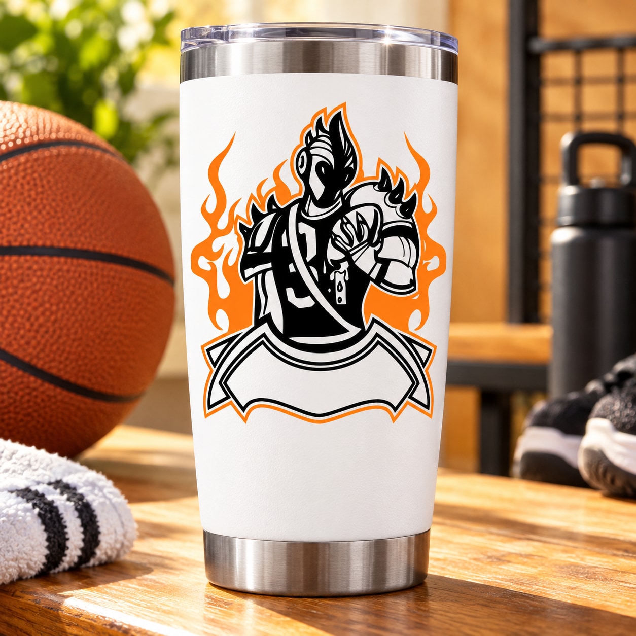 Basketball wall decal sticker with black knight mascot holding ball and orange flames