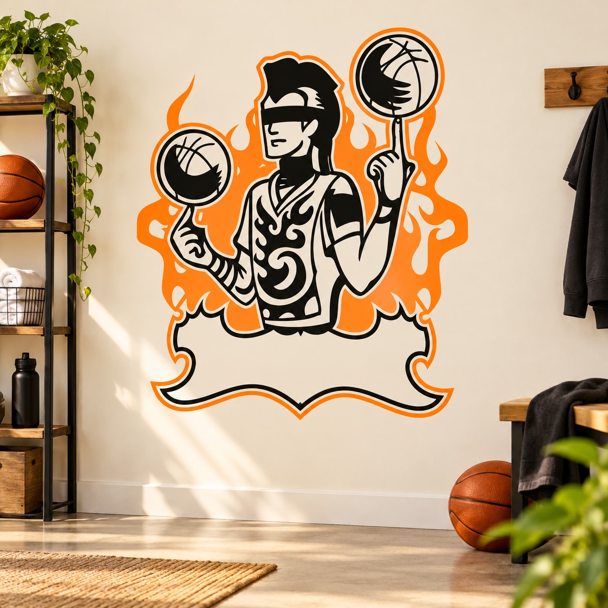 Basketball wall decal vinyl sticker of player holding ball with flame background, orange and black