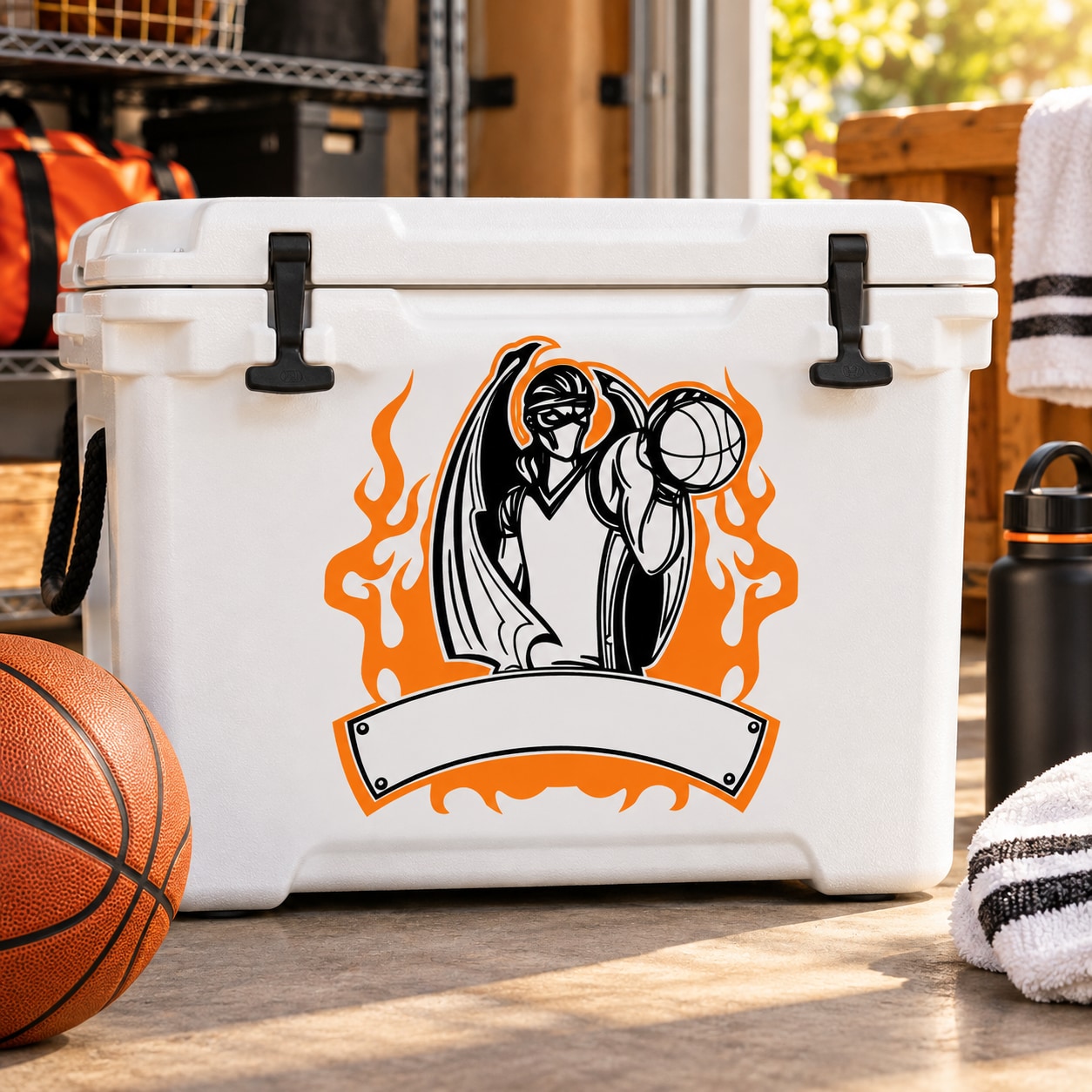 Basketball wall decal: white vinyl sticker with black-and-orange flaming player holding ball