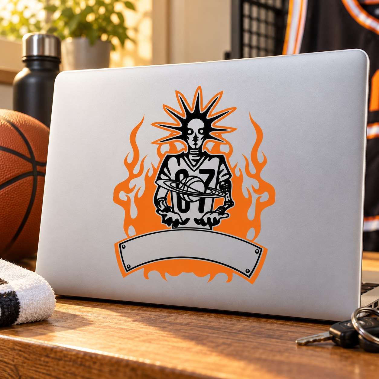 Die-cut basketball skull wall decal sticker with orange flames and black accents