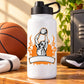 Basketball vinyl decal sticker: hoop player silhouette with orange flames and ribbon banner