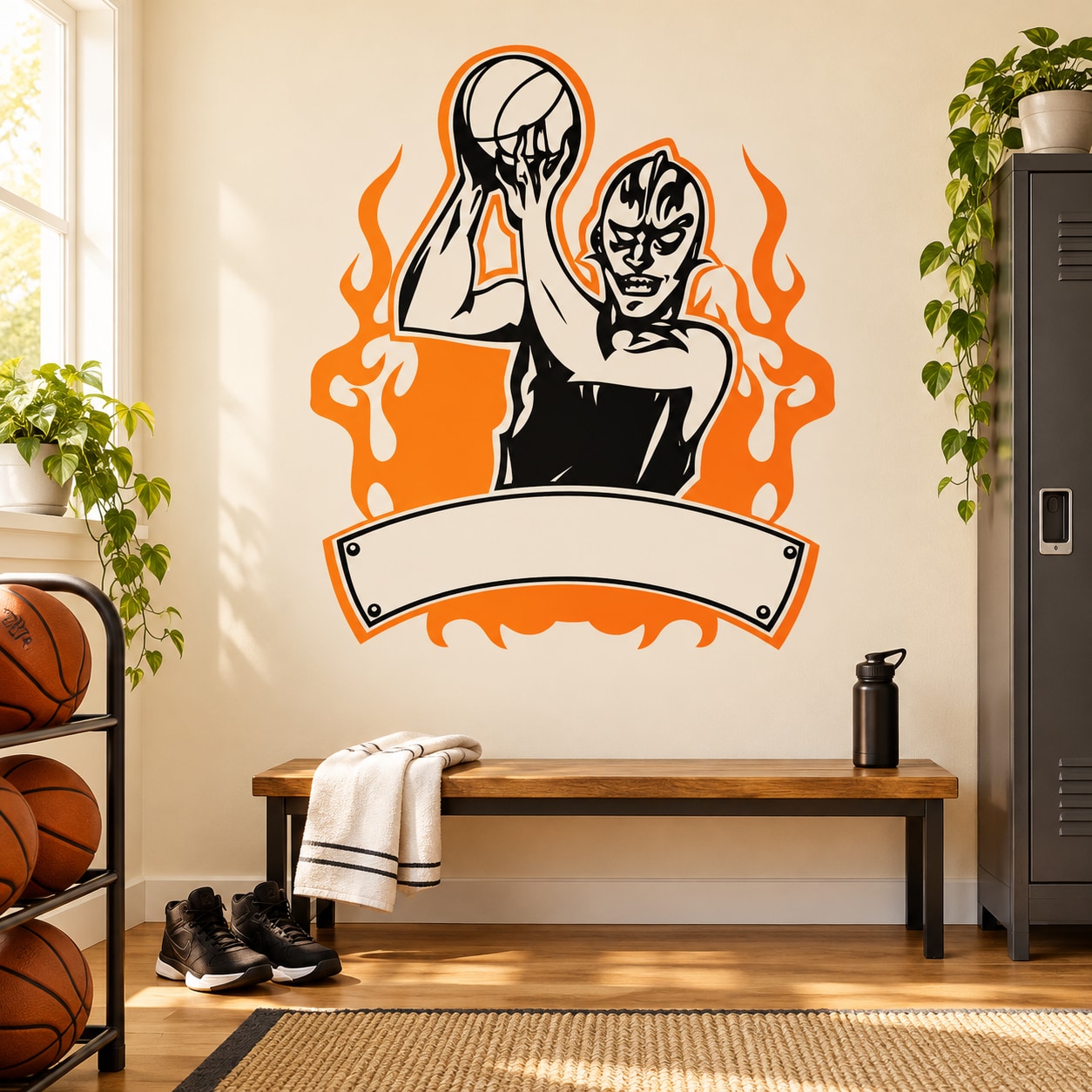 Basketball wall decal sticker of black-and-white player with orange flames and basketball theme