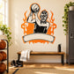 Basketball wall decal sticker of black-and-white player with orange flames and basketball theme