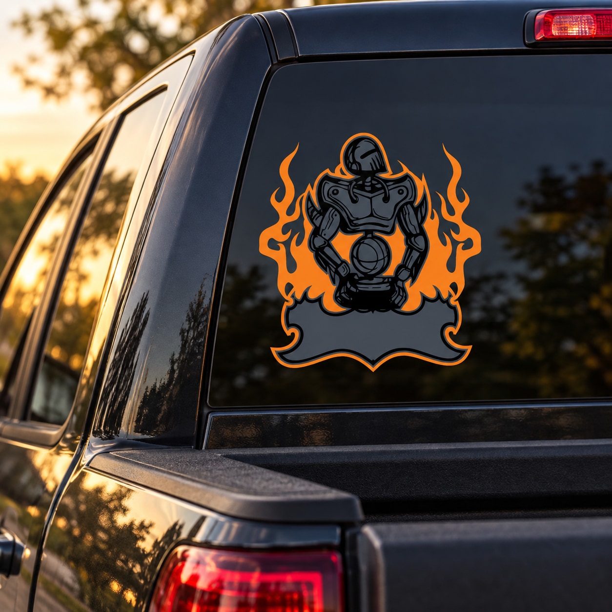 Die-cut vinyl sticker with flaming robot basketball graphic