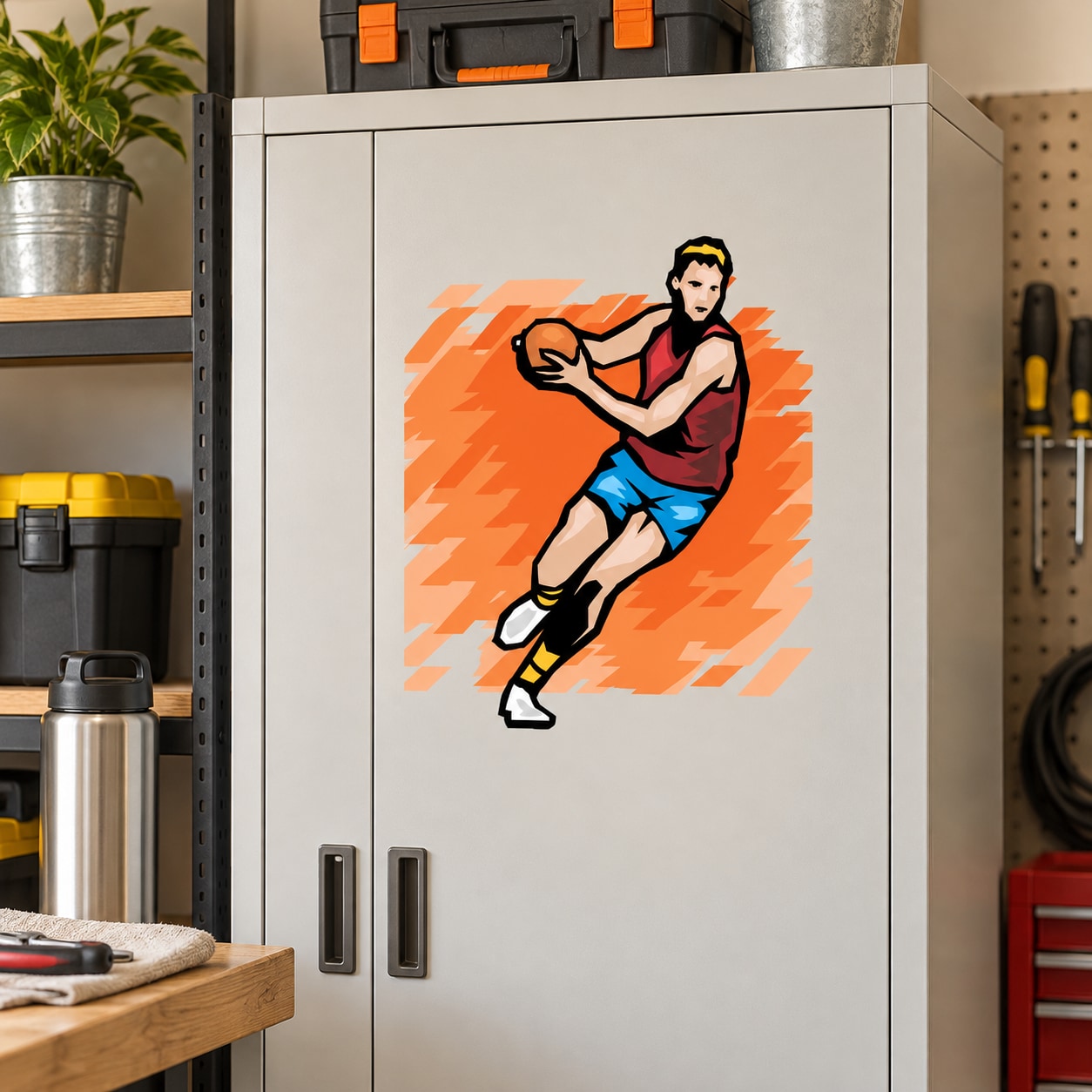 Die-cut basketball wall decal sticker with player mid-dribble on white surface