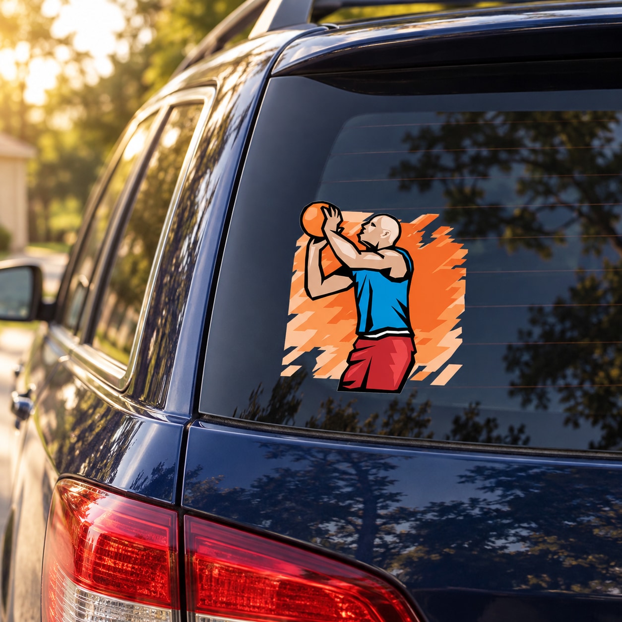 Basketball player die-cut vinyl decal sticker in orange and blue