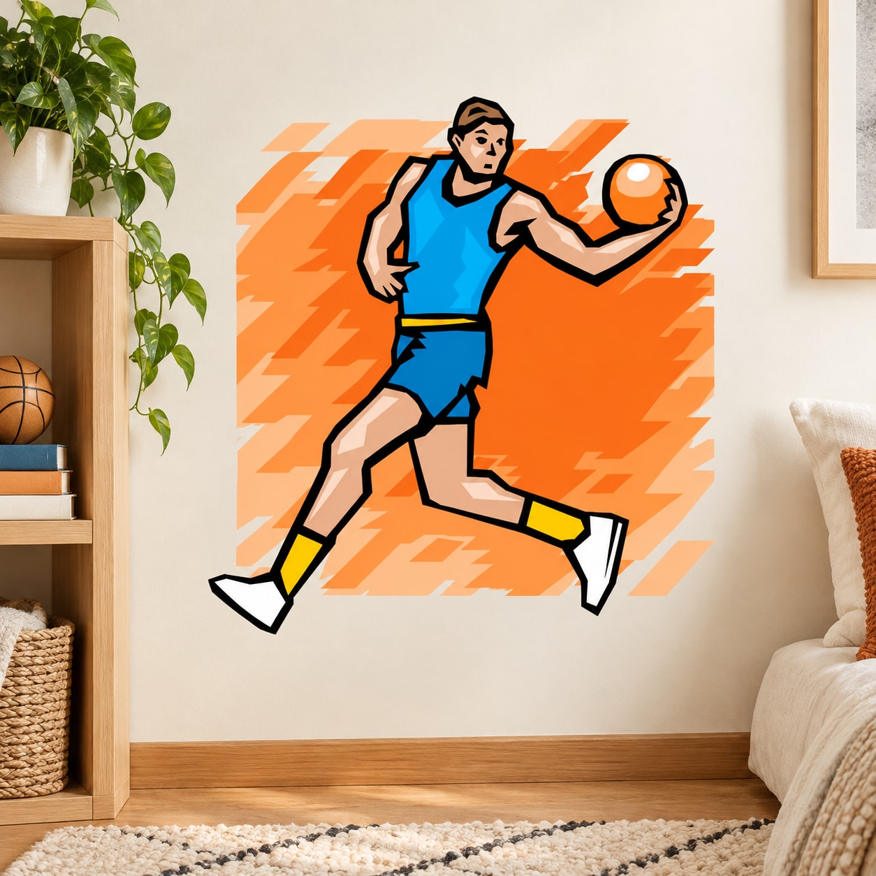 Basketball player vinyl wall decal, blue jersey dribbling an orange ball, die-cut sticker