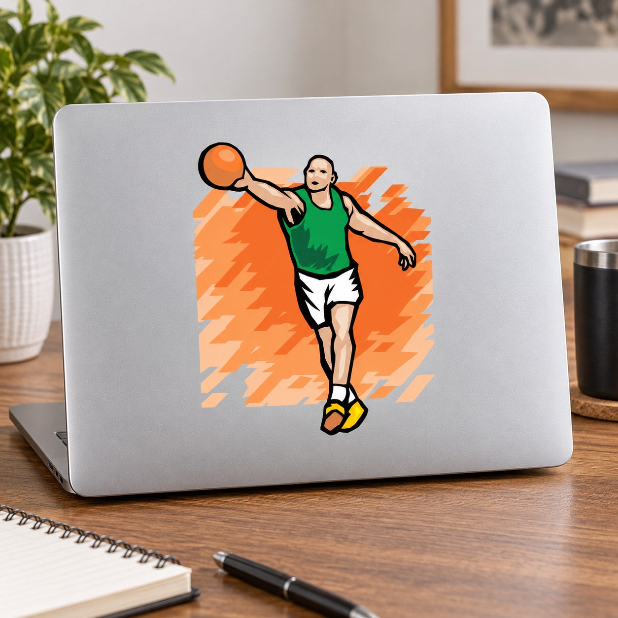 Basketball player vinyl wall sticker decal, green jersey holding a basketball